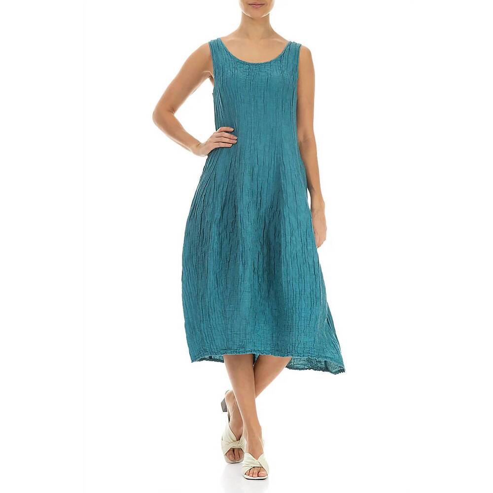 NEW GRIZAS sleeveless ballon crinkled silk linen dress in turquoise